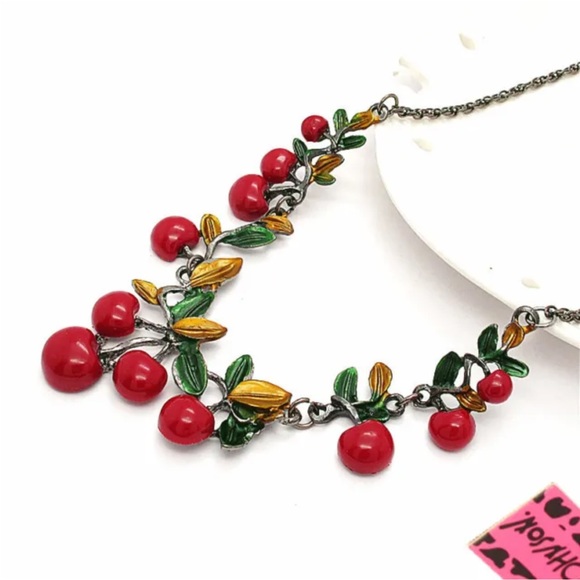 NWT. Betsy Johnson. Red Green Enameled Cherries jewelry Set(Necklace/Earrings) - Picture 4 of 8